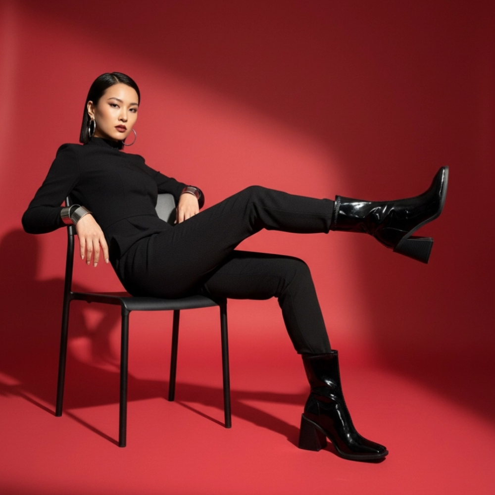 Bota Mujer Charol Negro Tacón Cuadrado YY-19 Elegante - Imagen 2